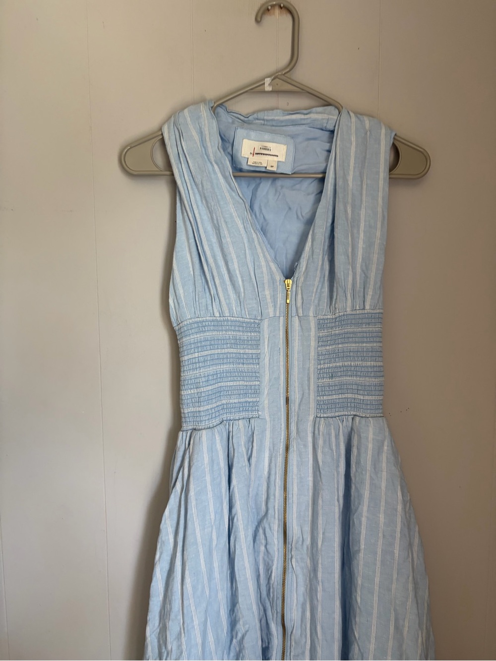 Anthropology Light Blue Sleeveless Striped Midi Dress with Waistband - Picture 3 of 7